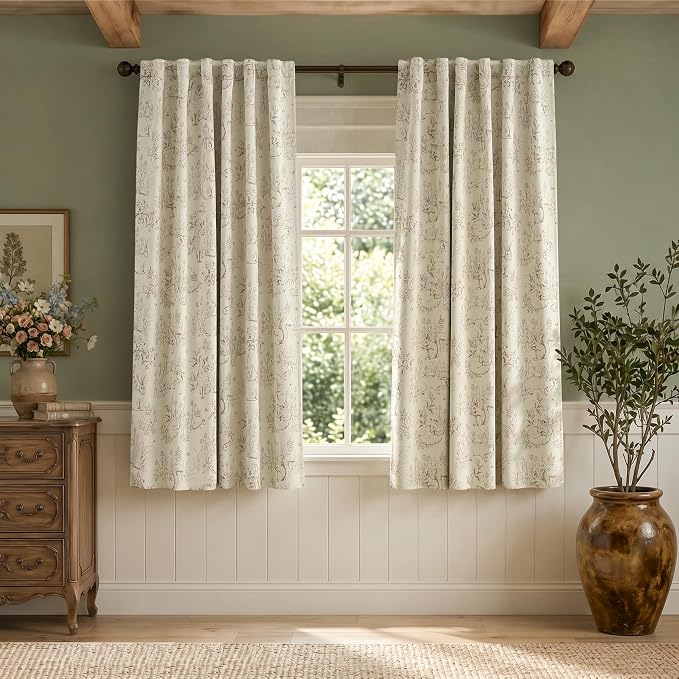jinchan Taupe Blackout Curtains 63 Inch Whimsical Back Tab 2 Panels | Room darkening,nursery kids bedroom,privacy,whimsical,cottagecore,bunny pattern,botanical,nature-inspired decor