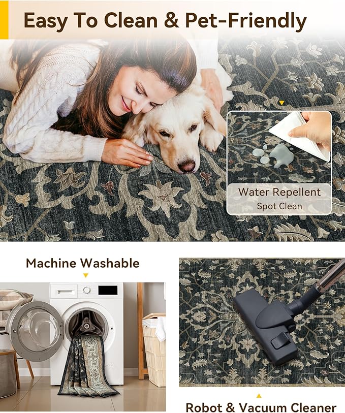 RELEANY Area Rugs 4'x6' Washable Non-Slip, Floral Vintage Distress Medallion Carpet for Living Room Bedroom Dining Room, Vintage Black Brown Neutral