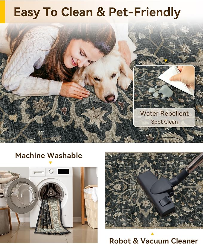 RELEANY Area Rugs Runner 2'x10' Washable Non-Slip, Floral Vintage Distress Medallion Carpet for Kitchen Hallway Bedroom Beside Laundry Room Bathroom, Vintage Black Brown Neutral