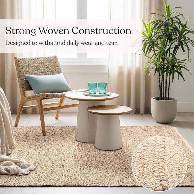 Handwoven Jute and Cotton Area Rug - Natural Rug, Farmhouse Accent Rug for Living Room, Bedroom, or Entryway - Sustainable, Flatweave - (5x8 Ivory)