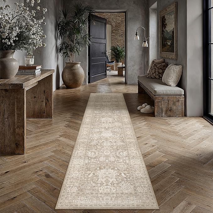 HUGEAR Hallway Runner Rugs 3x10 Beige Washable Rug Neutral Vintage Rug Carpet Distressed Soft Durable Non Slip No Shedding for Indoor Bedroom Kitchen Dining Nursery Laundry