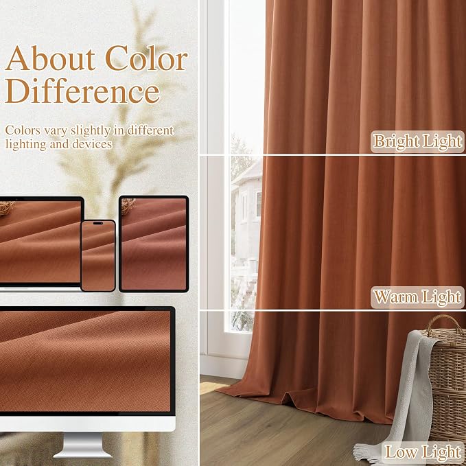 Guken Terracotta 100% Blackout Linen Curtains 102 Inch Length 2 Panels Set Fall Curtains for Living Room Bedroom Back Tab Thermal Insulated Black Out Linen Drapes，52x102