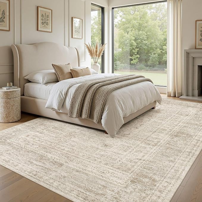 Nakagishi 8x10 Area Rugs Living Room: Washable Large Vintage Rug Neutral Non-Slip Soft Stain Resistant Indoor Carpet for Bedroom Nursery Dining Room Office Playroom - Beige Gray