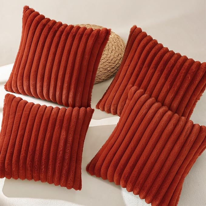 decorUhome Fall Faux Fur Throw Pillow Covers 18x18 Set of 4 Rust | Decorative Modern Farmhouse Soft Cozy Striped Pillow Cases Velvet Back for Sofa Bed Living Room Classic Accent Home Decor