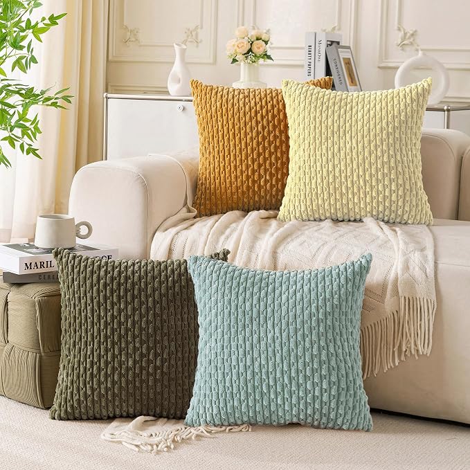 Set of 4 Yellow Olive Aqua Decorative Throw Pillow Covers 20x20 Inch Corduroy Pillow Covers for Bed Couch Sofa Living Room Soft Square Cushion Cases