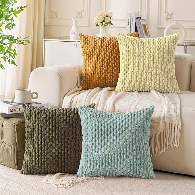 Set of 4 Pale Yellow Decorative Throw Pillow Covers 20x20 Inch Corduroy Pillow Covers for Bed Couch Sofa Living Room Soft Square Cushion Cases