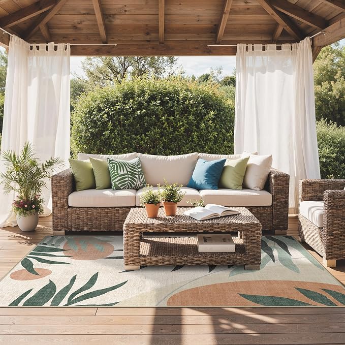 GENIMO 6x9 Outdoor Rug, Washable for Patio and Deck, Beige Olive | Botanical leaf design for dining area; fade resistant chenille with quick-dry non-slip backing for indoor sunroom.
