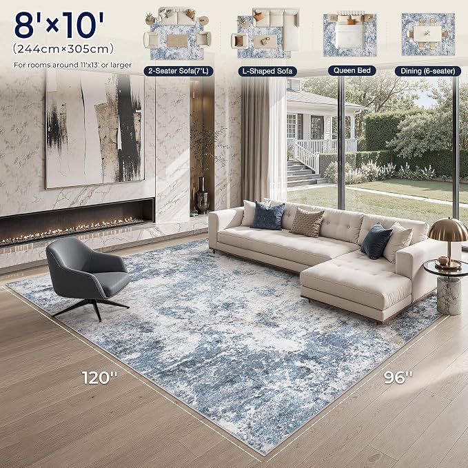 DMOYEST 8x10 Area Rug for Living Room, Washable & Non Slip Large Indoor Carpet, Kid & Pet Friendly Soft Thin Low Pile Abstract Rug for Bedroom and Office - Blue