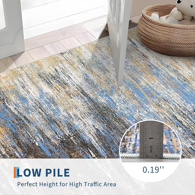 ROYHOME Washable Runner Rug 2x6 Modern Abstract Kitchen Rugs, Non Slip Bathroom Rug, Low Pile Laundry Room Soft Long Carpet for Hallway Bedroom Entryway, Blue/Brown