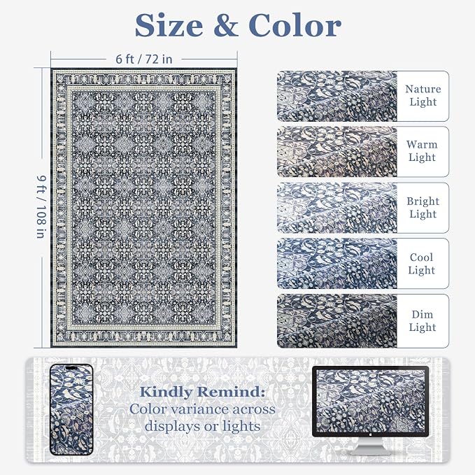 Dark Blue Area Rug 6x9, Boho Floral Moroccan Trellis Printed Transitional Style Rugs for Living Room Bedroom, Washable Non Slip Low Pile Thin Carpet Rug for Dining Room Guest Room Home Office
