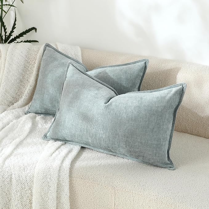 Stellhome Set of 2 Super Soft Textured Decorative Pillow Covers Lumbar Chenille Throw Pillow Covers Accent Solid Cushion Cover for Couch Sofa Bedroom Living Room 12x20 Inch, Aqua Haze