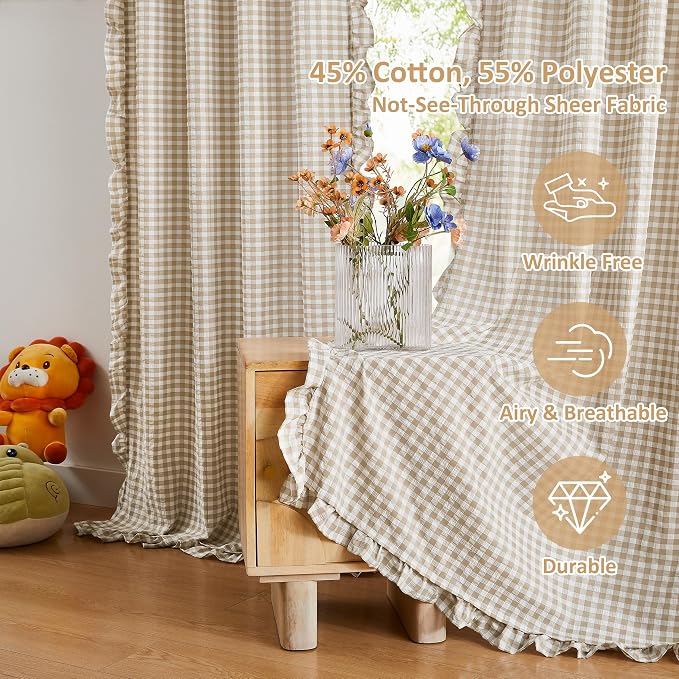 ZJDECOR Khaki Buffalo Plaid Cotton Blended Window Curtains 90 Inches Length | Rustic Ruffle Cortinas,Not-See-Through Sheer Drapes,Neutral Window Treatment,Bedroom Living Room,Rod Pocket,40"Wx90"Lx2