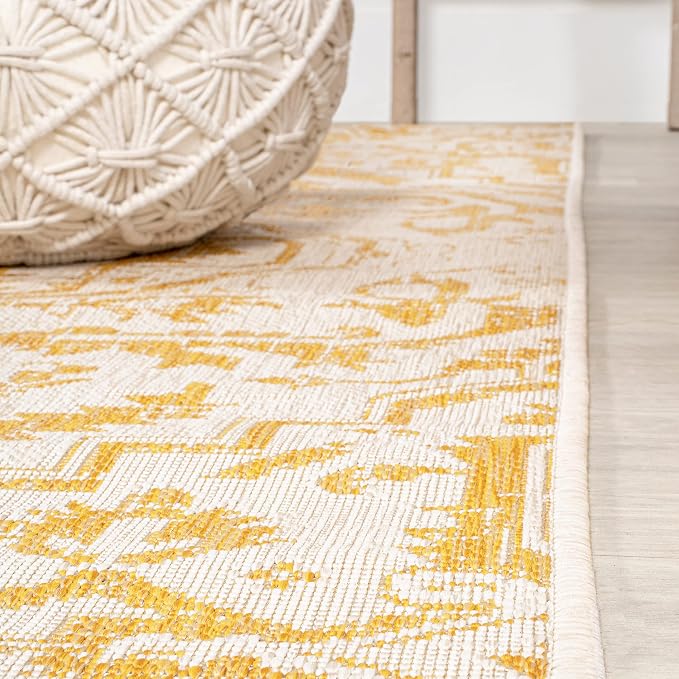 JONATHAN Y Boho Medallion Indoor Outdoor Square Area Rug 5X5 Cream/Yellow, Estrella Textured Weave for Backyard, Patio, Porch, Easy-Cleaning, High Traffic, Pet-Friendly, Non-Shedding (SMB105H-5SQ)