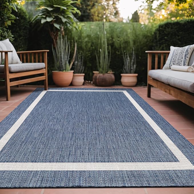 Luul Home Bordered Outdoor Rug 9x12 Washable Outside Carpet for Indoor Patio Porch Waterproof Easy Cleaning Non Shedding Area Rugs Blue 9 x 12
