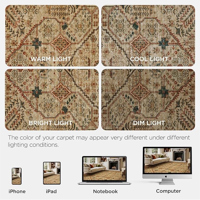 Joydeco 4x6 Area Rugs for Living Room, Non Slip Machine Washable Vintage Rug, Low Pile Chenille Print Rugs for Bedroom, Dining Room, Home Office, Pet & Child Friendly, Tan