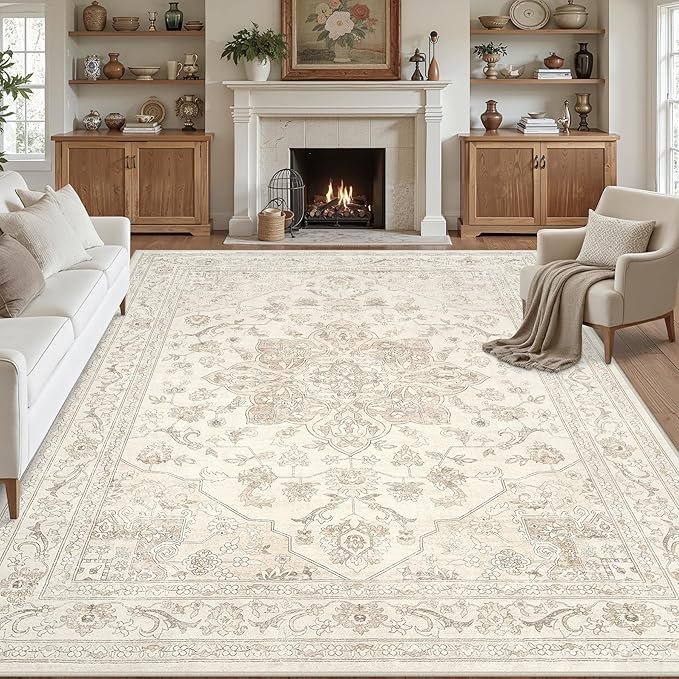 10x12 Area Rug for Living Room: Vintage Boho Neutral Washable Rug Indoor Soft Large Area Rug Carpet for Bedroom Nursery Farmhouse Dining Room Office Floor Non-Slip Low Pile Under Table Rug Beige White