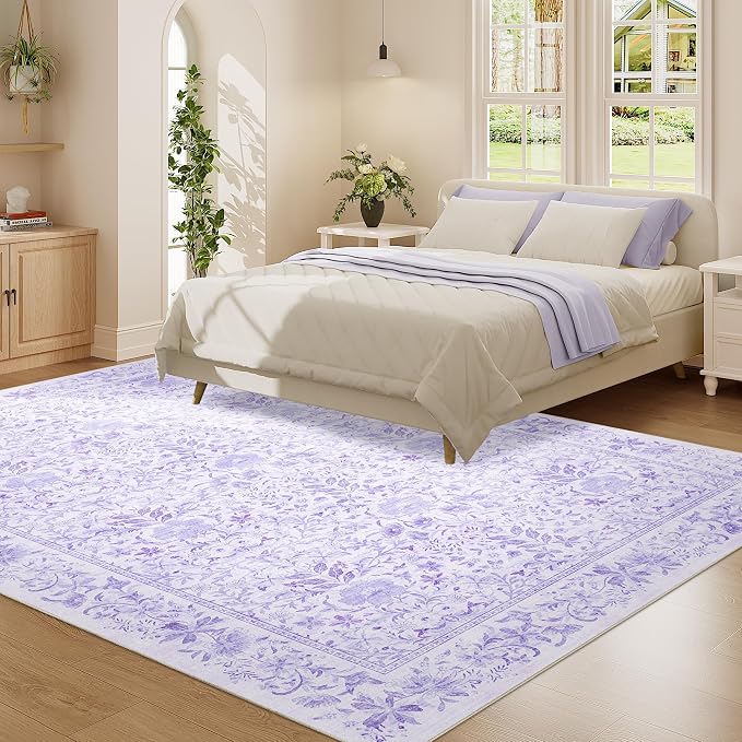 DUKINO 6x9 Area Rug, Vintage Floral Washable Rugs for Living Room, Purple | Non Slip, Low Pile, Non-Shedding, Soft Indoor Large Carpet for Bedroom, Office, Dining Room, Farmhouse, Nursery, Home Decor