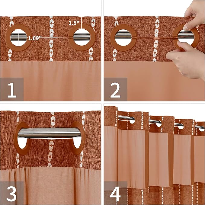 eachope Boho Farmhouse No Hook Shower Curtain Set with Snap-in Fabric Liner,Heavy-Duty Linen Textured Rustic Striped Design,Water-Repellent with Tassels and Sheer Window,Orange,71x74