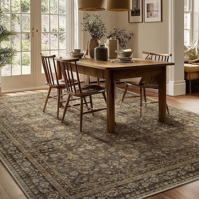 Boho Washable 6x9 Area Rugs for Living Room, Cushioned, Deep Brown | Vintage Non-slip Neutral Oriental Rugs for Bedroom Dining Room Nursery Office High Traffic Area