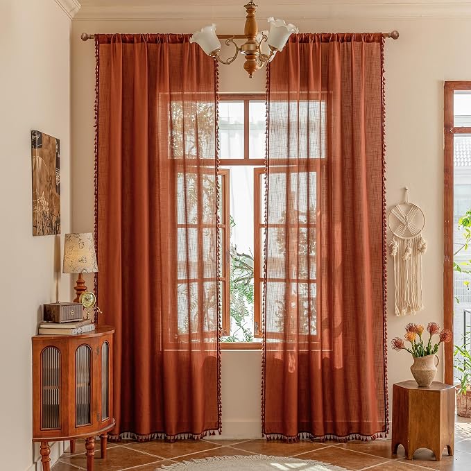 MYSKY HOME Door Curtains for Closet Doorways, 72 Inches Long Sheer Light Filtering Privacy Protect Bohemian Macrame Drapes for Living Room Bedroom, 50" x 72", Terracotta, 2 Pieces