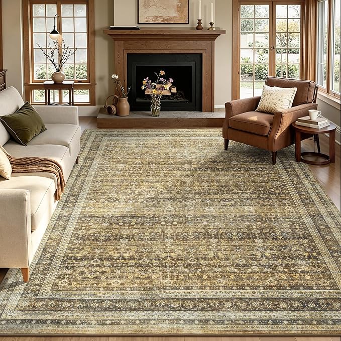 8x10 Washable Area Rugs for Living Room Bedroom, Non-Slip Large Rugs | Vintage Distressed Retro; Low Pile; Stain Resistant; Neutral Boho Carpet for Dining Room, Nursery, Home Office; Caramel Brown