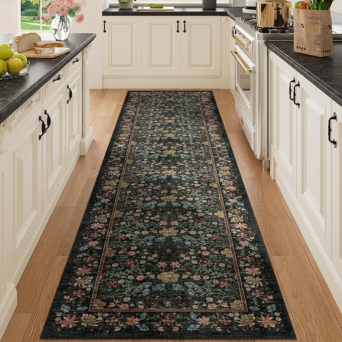 DUKINO 2x8 Runner Rug, Washable Vintage Floral Kitchen Rug, Black | Non Slip, Low Pile, Non-Shedding, Stain Resistant Aesthetic Soft Carpet Runner for Hallway Bathroom Laundry Bedroom Entryway