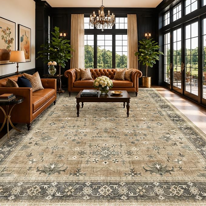 Vintage Taupe and Sage 10x14 Living Room Rug, Oriental Large Area Rug for Dining Room Under Table, Natural Washable Low Pile Bedroom Carpet, Non-Slip Stain Resistant Indoor Door Mat