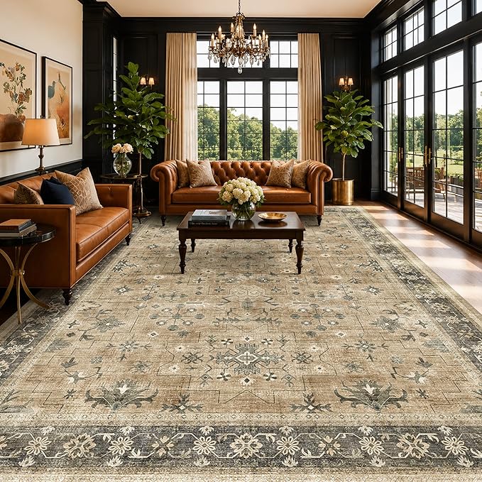 Vintage Taupe Sage 10x12 Rug for Living Room - Washable Dining Room Rugs for Under Table, Low Pile Non-Slip Carpet for Bedroom - Natural Earthy & Boho Eclectic Home Decor