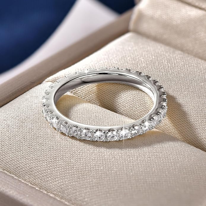 14K Gold Filled Silver Simulated Diamond Moissanite Engagement Promise Ring for Her, Stackable Ring Channel Setting Full Eternity Bridal Band Halo Rings Wedding Bands Size 4 to 10