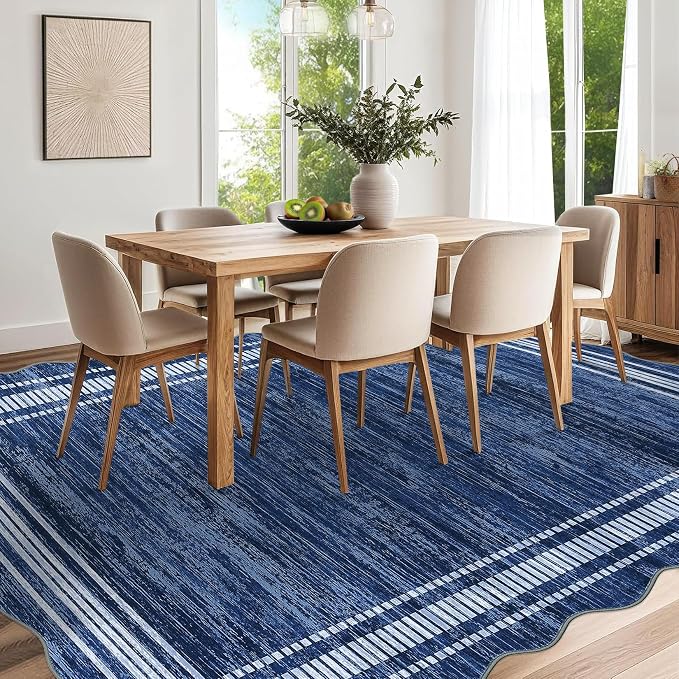 Garvee Scalloped Area Rug 9x12 Large Washable Rug for Living Room | Non-Slip Soft Carpet for Bedroom, Scalloped Low-Pile Solid Print Rug for Dining Room Home Office, Navy Blue