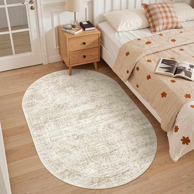3x5 Oval Rug for Bedroom,Washable Area Rug,Beige | Small Rug for Dining Room,Living Room,Dorm,Thin,Soft, Neutral Rug,Stain Resistant Indoor Carpet,Non Slip