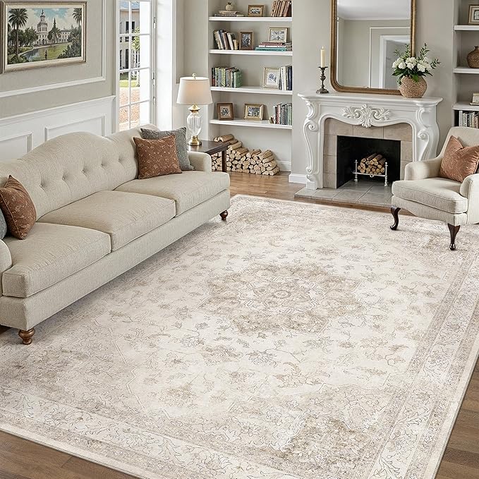 PureCozy Beige Area Rug 10x14 Washable Living Room Carpet Vintage Non Slip Soft Bedroom Indoor Office Retro Low Pile Thin Oriental Medallion Large Rug for Dining Room Bathroom Playroom