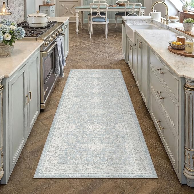 2x6 Blue Washable Runner Rug Non Slip Vintage Carpet | Soft Low Pile, Lightweight Foldable, Pet Friendly, Hallway, Kitchen, Bathroom, Front Door, Beside Bed