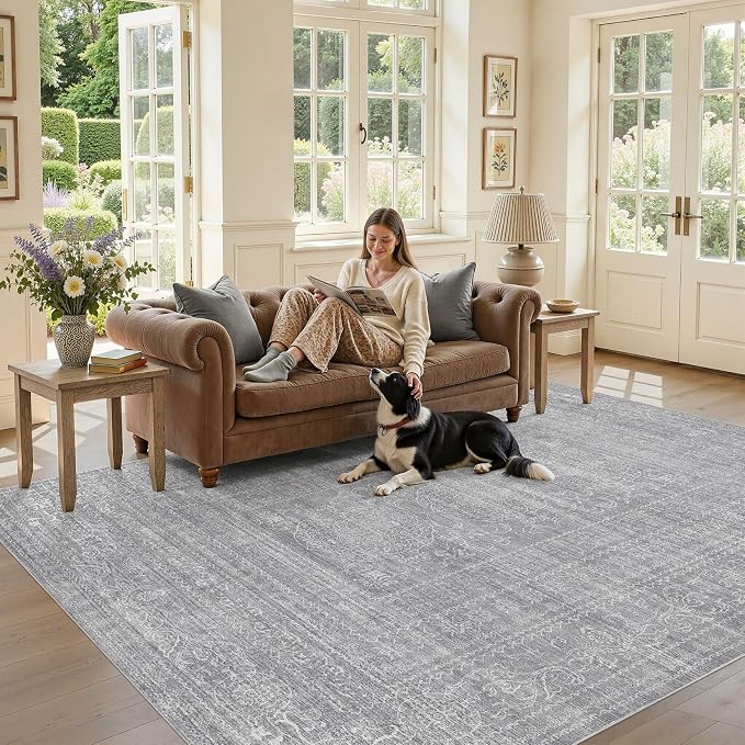 Nakagishi 6x9 Area Rugs Living Room: Washable Large Vintage Rug Neutral Non-Slip Soft Stain Resistant Indoor Carpet for Bedroom Nursery Dining Room Office Playroom - Grey