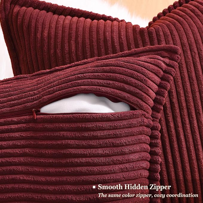 decorUhome Fall Corduroy Burgundy Throw Pillow Covers 12x20 Set of 2 | Lumbar Couch Decorative Soft Modern Boho Farmhouse Pillow Covers Broadside Striped Pillow Cases for Living Room Bed Sofa