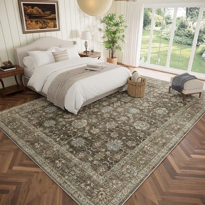 Boho Washable 10x14 Area Rugs for Living Room, Cushioned, Tan/Flaxen | Vintage Non-slip Neutral Oriental Rugs for Bedroom Dining Room Nursery Office High Traffic Area