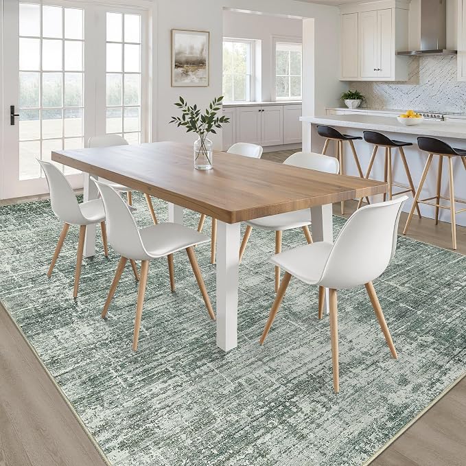 9x12 Area Rug Living Room: Washable Large Neutral Rugs Abstract Soft Modern Stain Resistant Indoor Floor Non-Slip Carpet for Bedroom Nursery Kids Office Playroom Dining Room Under Table- Dark Green