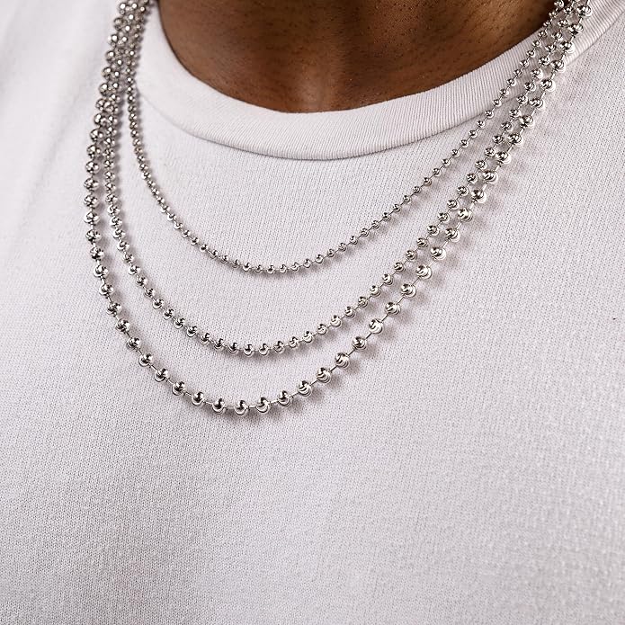 PORI JEWELERS 925 Sterling Silver 3mm, 4mm, 5mm Moon Cut Bead Chain Necklace - Made in Italy - Yellow, Silver