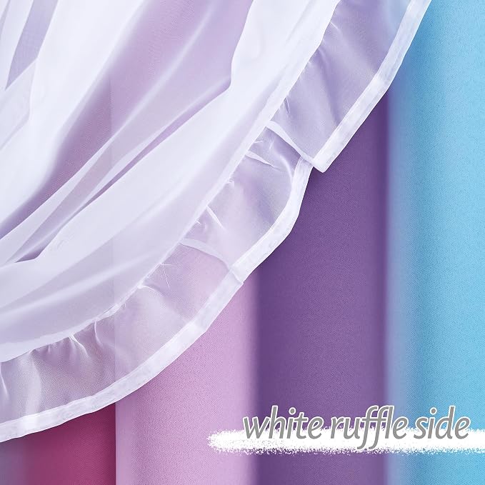 PONY DANCE Ruffle Curtains Double Layers Sheer Overlay Shabby Chic Decoration for French Country Rustic Design Window Covering with Tiebacks, 52" Wide x 84" Long, Blue-Pink, 2 Panels