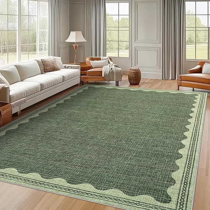 8x10 Scalloped Area Rugs Green Washable Living Room Bedroom Rug | Solid Tan Rug for Bedroom Girls, Non Slip Throw Carpet With Rubber Back, Soft Dorm Nursery Scalloped Rugs for Dining Room