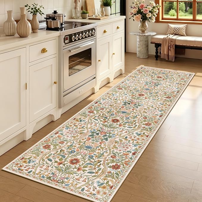 2’6″x 8’ Washable Runner Rug, Beige Boho Area Rug for Hallway, Low-Pile Non-Slip Stain Resistant Long Carpet for Kitchen, Bedside,Laundry Room,Entryway