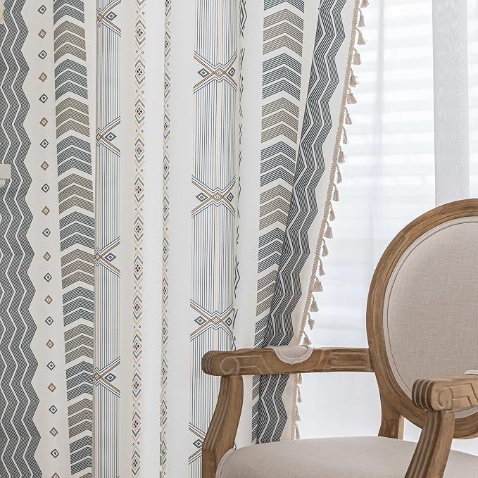 Gray Geometric Curtains 72 Inches Long, Boho Farmhouse Light Filtering Rod Pocket Drapes with Tassel Trim for Bedroom Living Room, 2 Panels