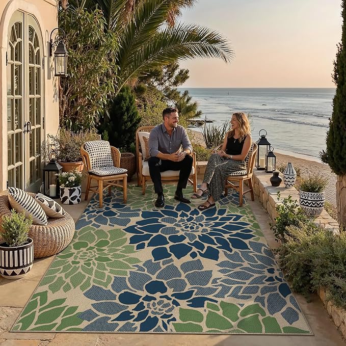 PureCozy 6x9 Easy Jute Outdoor Rug Navy/Green Floral Textured Indoor Outdoor Area Rug Farmhouse Patio Carpet for Backyard, Patio, Porch, Easy-Cleaning, High Traffic, Pet-Friendly, Non-Shedding