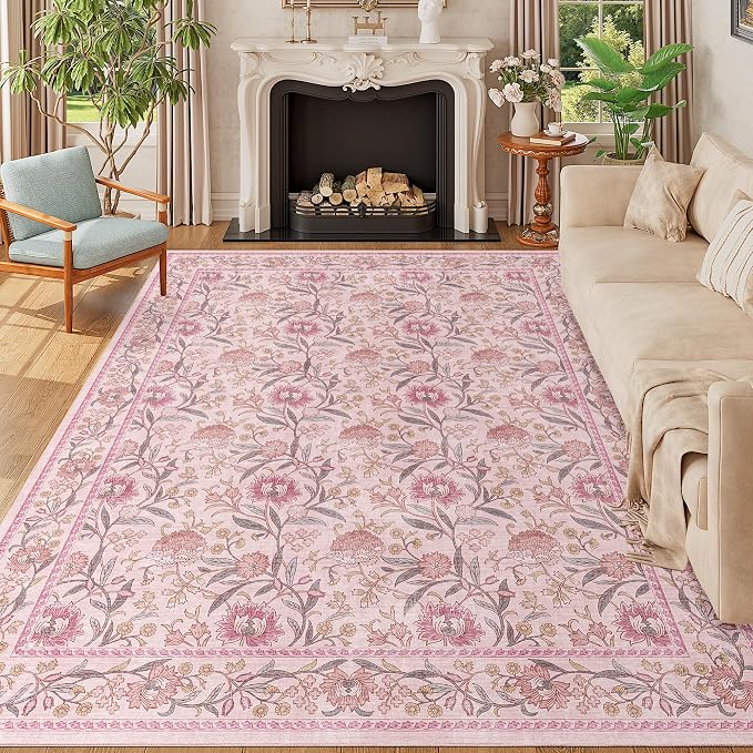 DUKINO 8x10 Area Rug, Vintage Floral Washable Rugs for Living Room, Pink | Non Slip, Low Pile, Non-Shedding, Stain Resistant Boho Soft Indoor Large Carpet for Bedroom Dining Room Farmhouse, Home Decor