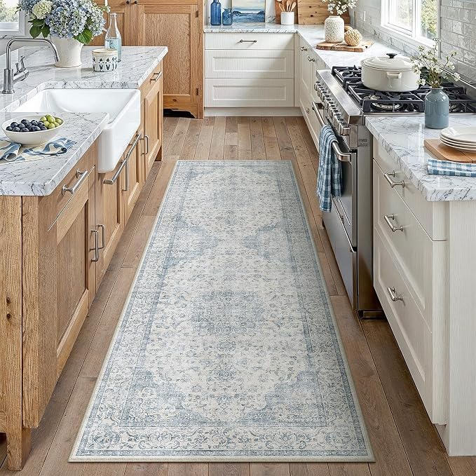 PureCozy 2x6 Washable Runner Rug Neutral Blue Vintage Floral | Non Slip, Soft Low Pile, Hallway Carpet for Kitchen, Entryway, Laundry Room, Coastal Decor