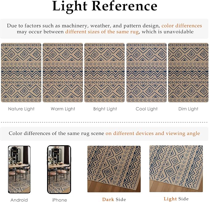 PureCozy 5x8 Easy Jute Outdoor Rug Blue Boho Indoor Outdoor Area Rug Farmhouse Patio Carpet for Backyard, Patio, Porch, Living Room， Easy-Cleaning, High Traffic, Pet-Friendly, Non-Shedding