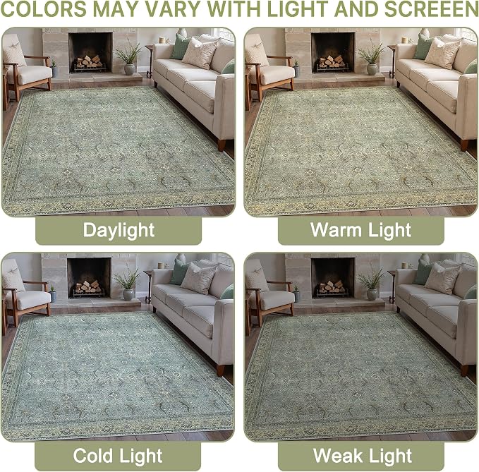BESBLEE 8X10 Area Rugs Machine Washable Rugs for Living Room, Vintage Boho Large Rugs for Bedroom Dining Room, Non Slip Indoor Soft Distressed Lightweight Thin Low Pile Carpet, Dusty Ocean