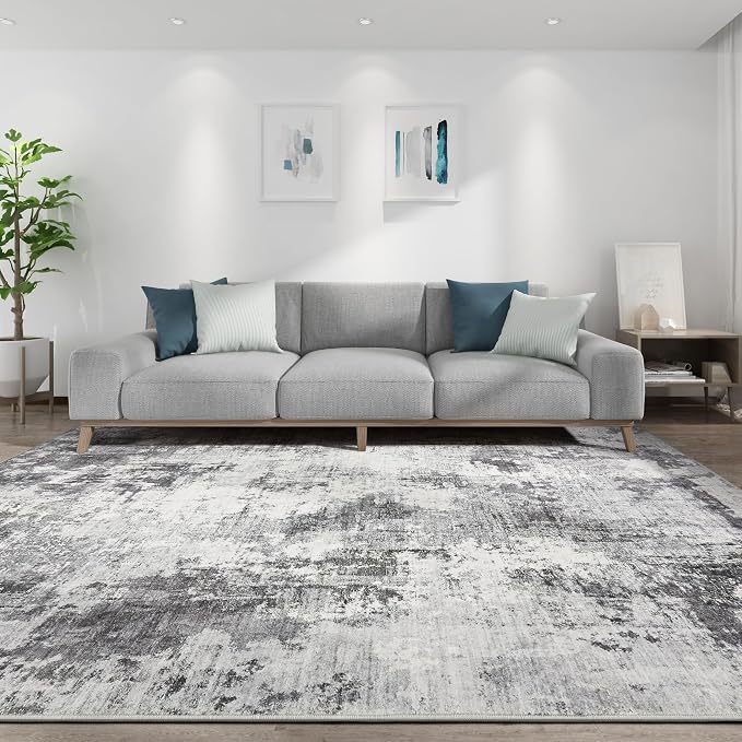 Abstract 12x18 Area Rug: Machine Washable Non Slip Ultra Thin Low-Pile Carpet, Soft Stain Resistant for Living Room Bedroom Office, Kid Pet Friendly, Robot Vacuum Compatible - Grey