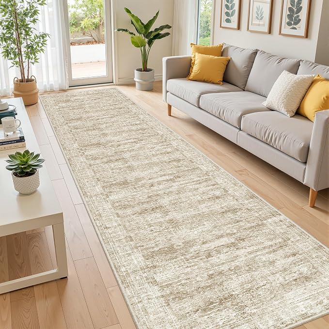 2x10 Runner Rug Non Slip,Washable Hallway Runner Rug,Brown | Long Neutral Rugs for Kitchen,Entryway,Bedroom,Bathroom,Laundry Room,Thin,Soft Runner Rug,Stain Resistant Indoor Carpet