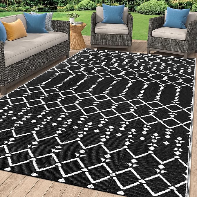Smiry Outdoor Rug 6x9 ft, Waterproof Reversible Plastic Straw Rugs, Boho Outdoor Area Rug, Outside Floor Mat for Patio, Backyard, Deck, Picnic, Beach, Camping, Black